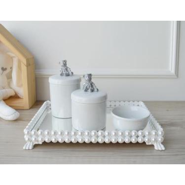 Imagem de Kit Higiene Bebê K036 Prata Porcelana Bandeja Pérola Branca Banho Cuid