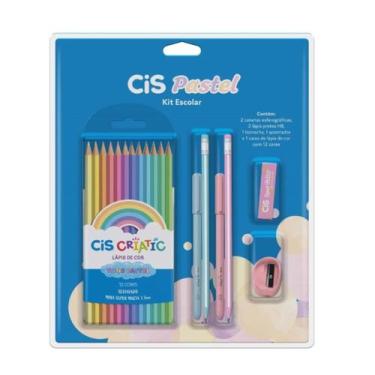 Imagem de Kit Escolar Cis Pastel Lapis de Cor 12 cores 2 canetas 2 Lapis preto +