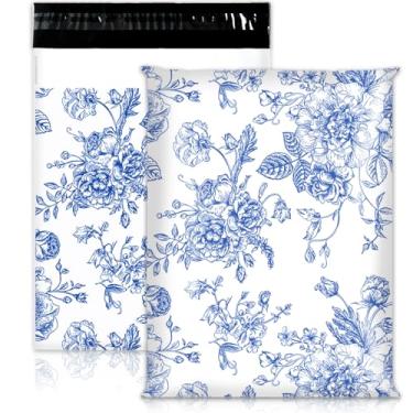 Imagem de Generic AnyDesign 100 peças de envelopes florais de poliéster 25,5 x 33 cm azul branco esboçado envelopes de flores mailers a granel embalagem de plástico autovedante sacos de correio para pequenas
