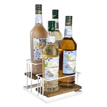 Imagem de J JACKCUBE DESIGN Suporte para garrafa de xarope Cofee, madeira rústica e fio de metal branco, xarope de 2 camadas 4, vinho, suporte de armazenamento de bancada para cozinha e cafeteria - MK816F