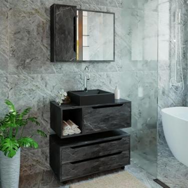 Imagem de Kit Gabinete Suspenso com Cuba Espelheira e Gaveteiro Mármore Lunar Tecno Mobili