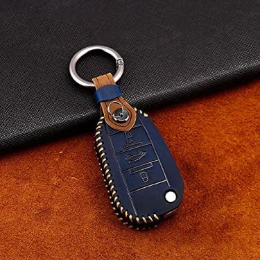 Imagem de CSHU Couro Car Key Case Cover Keychain Ring Key Bag, apto para Peugeot 301 208 3008 5008 408 2008 308 508 2013 2014 2015 2016 2017 2018 2019, C, azul