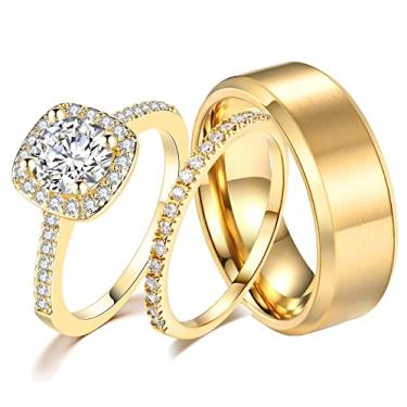 Imagem de Ahloe Jewelry Conjuntos de anéis de casamento de 1,5 quilates para ele e ela, anéis de aço inoxidável de titânio masculino e feminino, anéis de casal de ouro 18 k, Pedra, Zircônia cúbica