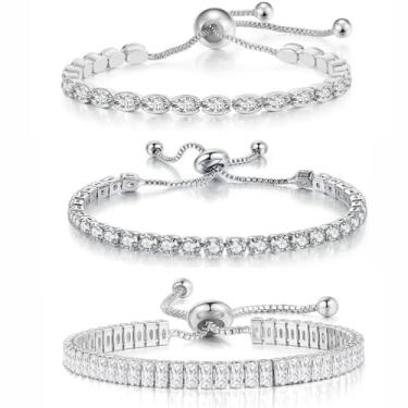 Imagem de ADXINYATEX 3 peças de pulseiras de tênis para mulheres banhado a ouro 14 K 5A zircônia cúbica CZ pulseira deslizante ajustável joias estéticas casamento noiva presente de Natal tamanho 6,5-7,5