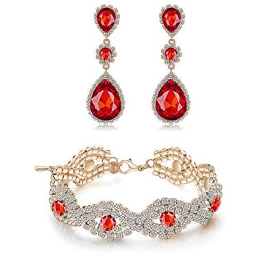 Imagem de Paxuan Conjunto de pulseira de brincos de strass de casamento banhado a prata/ouro para noivas de casamento, damas de honra, pedras de cristal, brincos pendurados, conjunto de pulseira de tênis para