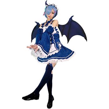 Imagem de Re0 Re Life a Different World from Zero Ram Rem Devil Maid Cosplay Fantasia de Halloween Conjunto Completo, Azul, Small