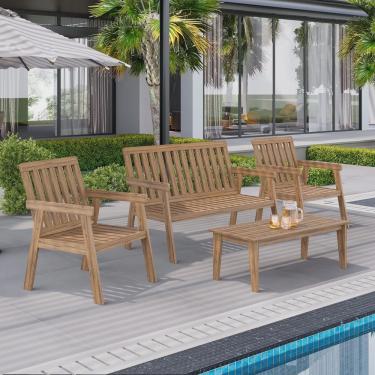 Imagem de Conjunto Para Jardim Família 4 Peças 3 Poltronas 1 Mesa de Centro de Madeira Eucalipto sem