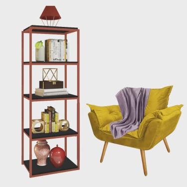 Imagem de Kit Poltrona Fatte com Manta Soft Lilás e Estante Livreiro Ferro Bronze mdf Preto Suede Amarelo - Ahz Móveis