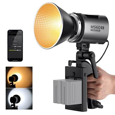 Imagem de NEEWER MS60B Luz de vídeo LED bicolor com controle de 2,4 G/aplicativo, mini iluminação portátil COB de metal de 65 W, montagem Bowens 2700K-6500K, 40000lux/1m, CRI 97+/TLCI 98+, 12 efeitos,