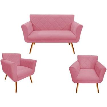 Imagem de Kit Namoradeira + 2 Poltronas Decorativa Sabrina Suede Rosa Pés Madeir