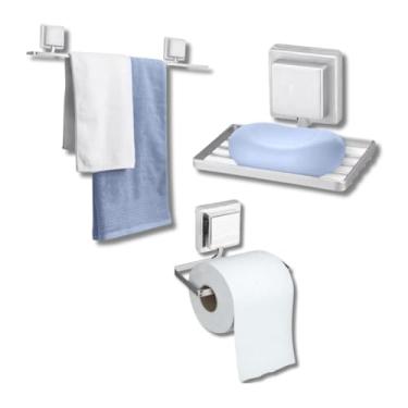 Imagem de Kit Acessórios para Banheiro 3 Peças, Porta Papel Higiênico, Gancho para Toalha de Rosto e Porta Toalha Banho, Cromado, Fixação por Fita Dupla Face 3M