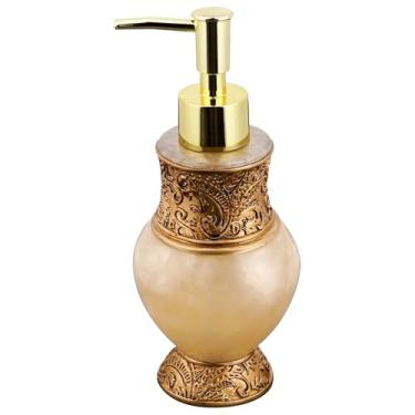 Imagem de DODAMOUR Dispensador de sabão de resina, frasco decorativo recarregável de 260 ml com detalhes em relevo vintage e bomba dourada, estilo antigo elegante para pia, penteadeira ou bancada de banheiro