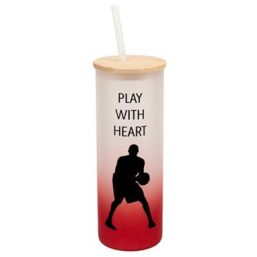 Imagem de Elanze Designs Copo de viagem gradiente com canudo e tampa de madeira para bebidas geladas ou quentes, vidro fosco de 740 ml, jogo de basquete com coração, vermelho