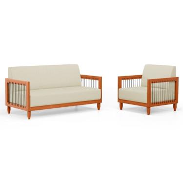 Imagem de Kit Poltrona e Sofá Varanda Samoa Madeira Maciça com Cordas Náutica Linho Pérola - Abmaza