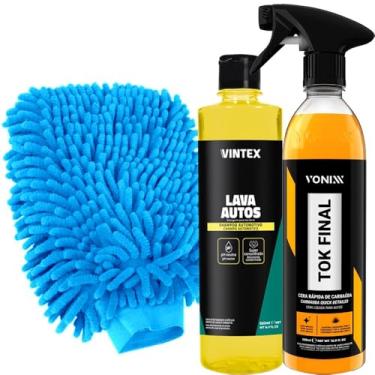Imagem de Kit Limpeza Automotiva Cera Tok Final Vonixx Spray Shampoo Automotivo Lava Autos Vintex 500ml e Luva Tentáculos