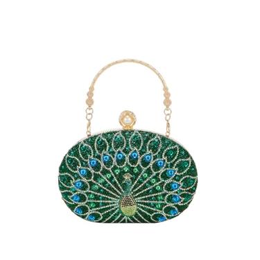 Imagem de Milisente Bolsa clutch feminina de cristal pavão bolsa formal oval com strass com fecho de pérola (verde)