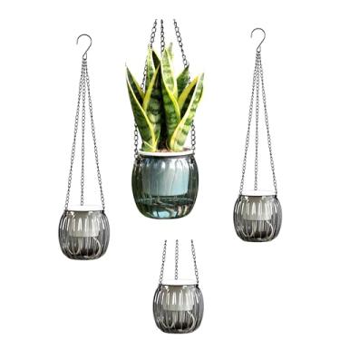 Imagem de Meicynhoger Pacote com 4 plantadores vintage auto-irrigáveis - Vaso de flores/plantas transparente de 11 cm com ganchos para ambientes internos e externos, mesa, varanda, parede, deck, jardim cinza
