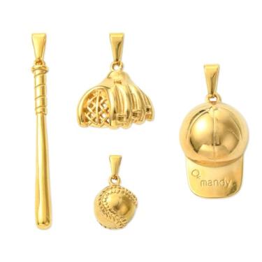 Imagem de KitBeads 4 peças de berloques de beisebol de aço inoxidável dourado boné de taco de softball, pingentes esportivos para fazer joias, colares, brincos, pulseiras, artesanato