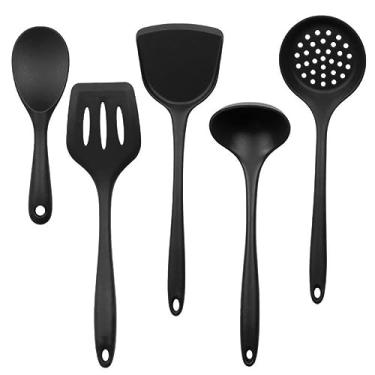 Imagem de esmen Espátula de cozimento de cor pura, pá com fenda, 5 unidades/pacote, conjunto de utensílios de cozinha de silicone para cozinhar alimentos, preto