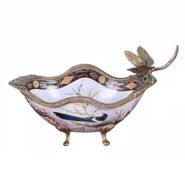 Imagem de Prato de frutas de cerâmica retrô, tigela de armazenamento floral pintada à mão criativa, fruteira decorativa para bancadas de cozinha, mesa de jantar