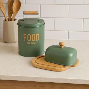 Imagem de Kit 1 Lata De Metal Porta Mantimentos E Manteigueira Com Tampa De Metal E Base Em Bambu Enjoy