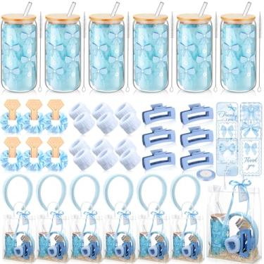 Imagem de Yiyiring 6 conjuntos de prêmios de chá de bebê para jogos de 473 ml, copos de vidro estéticos com tampas de bambu, canudos, escova, incluindo grampo de cabelo, faixa de cabeça para chá de bebê, festa