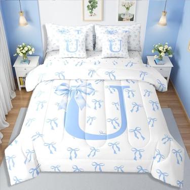 Imagem de Erosebridal Conjunto de edredom solteiro com laço azul, 7 peças, monograma, para presente de princesa, feminino, letra U, para crianças, meninas, letra A-Z, conjunto de cama com laço