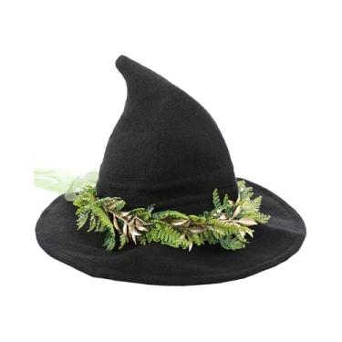 Imagem de RENEMEGO Chapéu de bruxa preto feminino – chapéus de bruxa com fronda, fantasia de Halloween para adultos, floresta, mãe, natureza, fantasia, fada, renascentista, formatura, baile de máscaras, LARP
