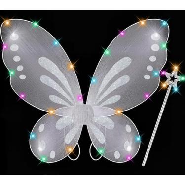 Imagem de DUDUCOFU Meninas asas de borboleta de fada com luz LED, asas de fada iluminadas varinhas de estrela para meninas crianças mulheres vestido de Halloween (branco)