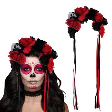 Imagem de Black Red Flower Crown Day of the Dead Mexican Rose Headbands Skull Floral Crown Headpiece for Women Halloween Party Costume