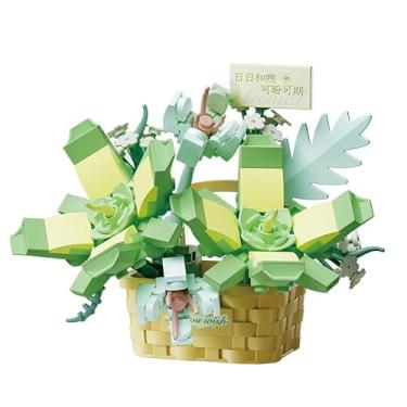 Imagem de Conjuntos de montar buquê de flores, 177 flores verdes, cesta de flores fofa, adequado para decorações de mesa de casa, presente de aniversário criativo para meninas, presente de Dia dos Namorados