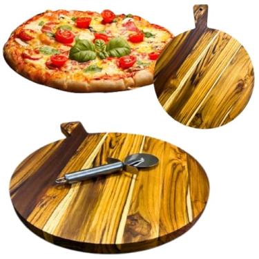 Imagem de Genérico Tábua de Pizza em Madeira com Pegador, Redonda, 35 cm de Diâmetro, Conjunto com Cortador de Pizza, para Servir e Cortar