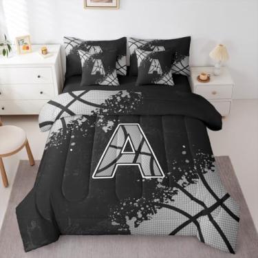 Imagem de Erosebridal Jogo de cama de casal com letra de basquete esportivo, 7 peças, com letra de basquete, jogos de bola, preto e cinza, para crianças e adultos, conjunto de cama chique com monograma de