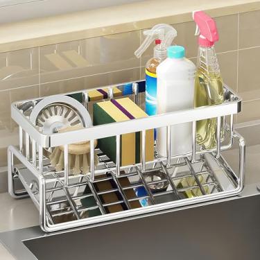 Imagem de Suporte de esponja para pia de cozinha – Caixa de armazenamento de sabão de aço inoxidável com bandeja autodrenante, organizador de bancada para pia ou banheiro, acessório doméstico pequeno com