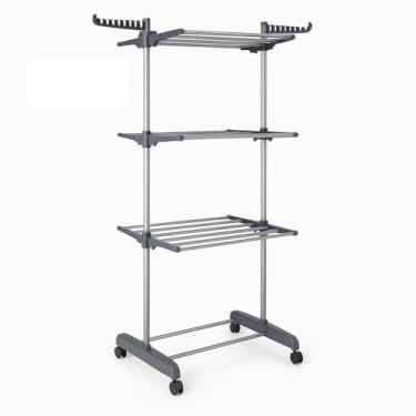 Imagem de Varal de Chão Dobrável com 3 Andares, Estrutura em Metal Cinza, Bandejas e Cabideiro, Rodízios para Mobilidade