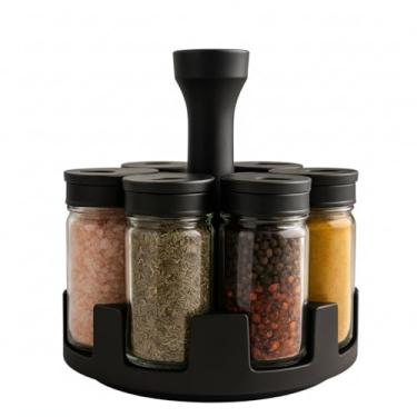 Imagem de Porta Temperos Giratório com 6 Potes de Vidro, Base Preta Giratória, Organizador de Condimentos e Temperos para Cozinha