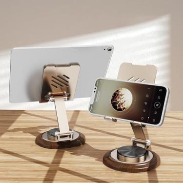 Imagem de Suporte de mesa dobrável duplo para celular, acessórios ajustáveis para celular, suporte giratório de 360° para mesa, com base de disco de madeira, para iPhone 16, 15, 14, 13, 12 Pro Max e todos os