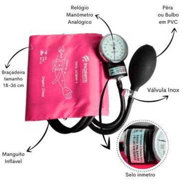 Imagem de Kit Bolsa Aparelho de Pressão Esfigmomanômetro Esteto Incoterm, Rosa