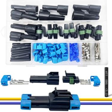 Imagem de Twippo Kit de conectores 14-12 AWG 2 pinos pacote de conectores climáticos 2 fios conectores elétricos à prova d'água terminais de plugue com 32 peças kit de tubulação retrátil (conjunto de 8)