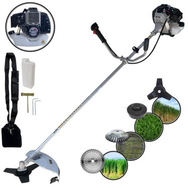 Imagem de Roçadeira À Gasolina Toyama TBC43-H 43cc 1,7HP 12.000rpm Motor 2T Com Lâmina 3 Pontas + Lâmina 40 Dentes de Vídea + Escova de Aço + Carretel de Nylon