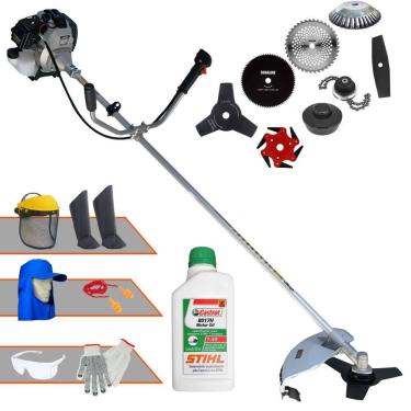 Imagem de Roçadeira Toyama TBC43H 1,7HP 43cc + Facas 2 Pontas, 3 Pontas, 6 Pontas, 40 Dentes Vídea, 80 Dentes, Trimmer, Carretel e Escova + EPI + ÓLEO STIHL 2T
