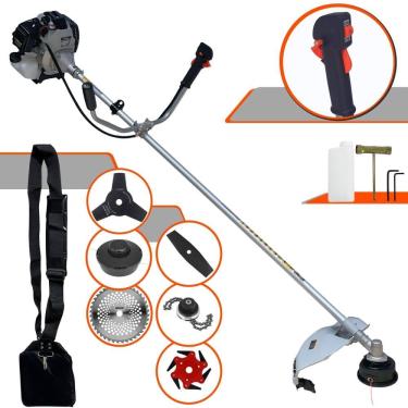 Imagem de Roçadeira Robusta Toyama TBC43H À Gasolina 43cc 1,7HP Alta Rotação Para Todos os Tipos de Trabalho Com Carretel de Nylon + Kit de 5 Lâminas de Cortes