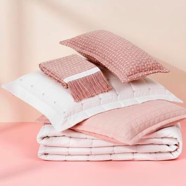 Imagem de Kit Enxoval Colcha Cobreleito King Dupla Face Lavive Diana Percal 200 Fios Peseira Almofada 7 Peças (Rosa Rosé)