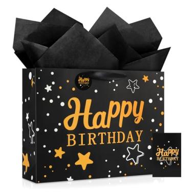 Imagem de YoungTree Bolsa grande de presente de feliz aniversário com papéis de seda e cartão, sacos de presente de papel portátil com alças, sacos de presente para mulheres e homens, suprimentos de festa de