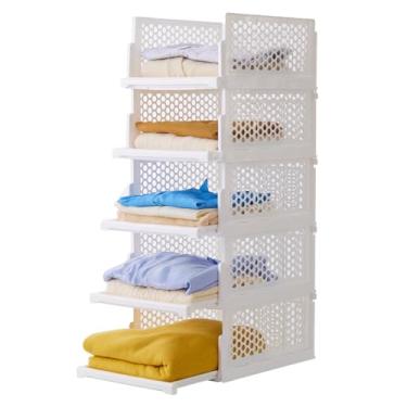 Imagem de Uni HIMO Cesta de armazenamento de plástico removível, organizadores de armário empilháveis com gaveta, recipiente de prateleira estável reforçado para banheiro, lavanderia, armazenamento de roupas