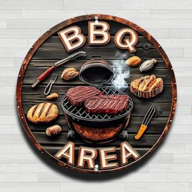 Imagem de Placa de área de churrasco com churrasqueira bifes pão vintage rústico alumínio metal placa de parede redonda, 20 cm, presentes internos e externos e decoração para casa, escritório, café e quintal