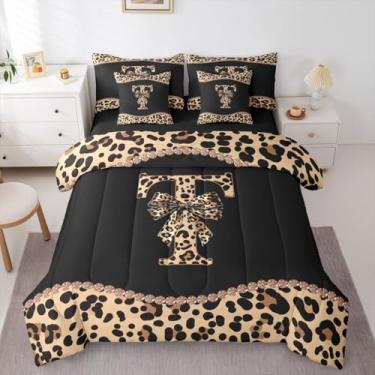 Imagem de Conjunto de edredom solteiro com laço de chita africana com lençol para mulheres, meninas e adultos - Conjunto de cama com letra T do alfabeto com estampa de leopardo em uma bolsa, moderno, moderno