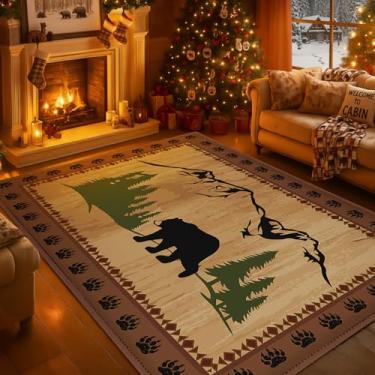 Imagem de Hahafelt Tapete rústico lavável para cabana de 1,8 x 1,8 m, tapete de área de urso, florestas, inverno, cozinha, cabine, tapete temático de vida selvagem, decoração de urso de Natal para entrada