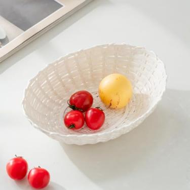 Imagem de PhiDor Cesta decorativa de cerâmica para fruteira, padrão de acento branco e azul, tigela de servir estilo fazenda para exibição de produtos frescos (branca)