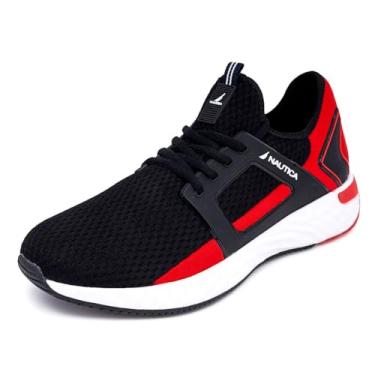 Imagem de Nautica Tênis masculino casual sem cadarço moderno - mocassins leves em largura média e larga, Preto e vermelho Aron, 42 BR